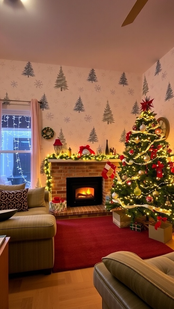 A festive living room with Christmas wallpaper, decorated tree, and cozy fireplace.